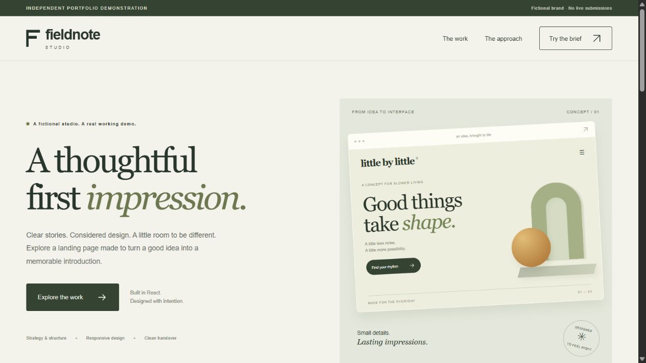 Fieldnote Studio's responsive landing-page concept with editorial typography and a fictional design preview